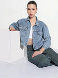Women's Embellished Blue Spread Collar Relaxed Fit Denim Jacket