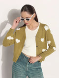 Women's Knitted Green V-Neck Cardigan Top with Heart Embellishments and Buttons