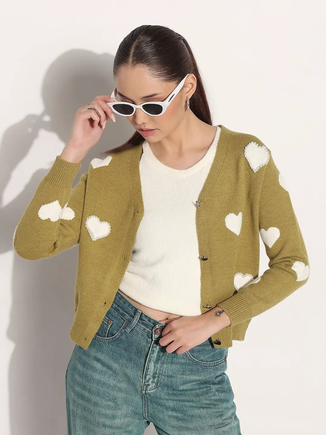 Women's Knitted Green V-Neck Cardigan Top with Heart Embellishments and Buttons