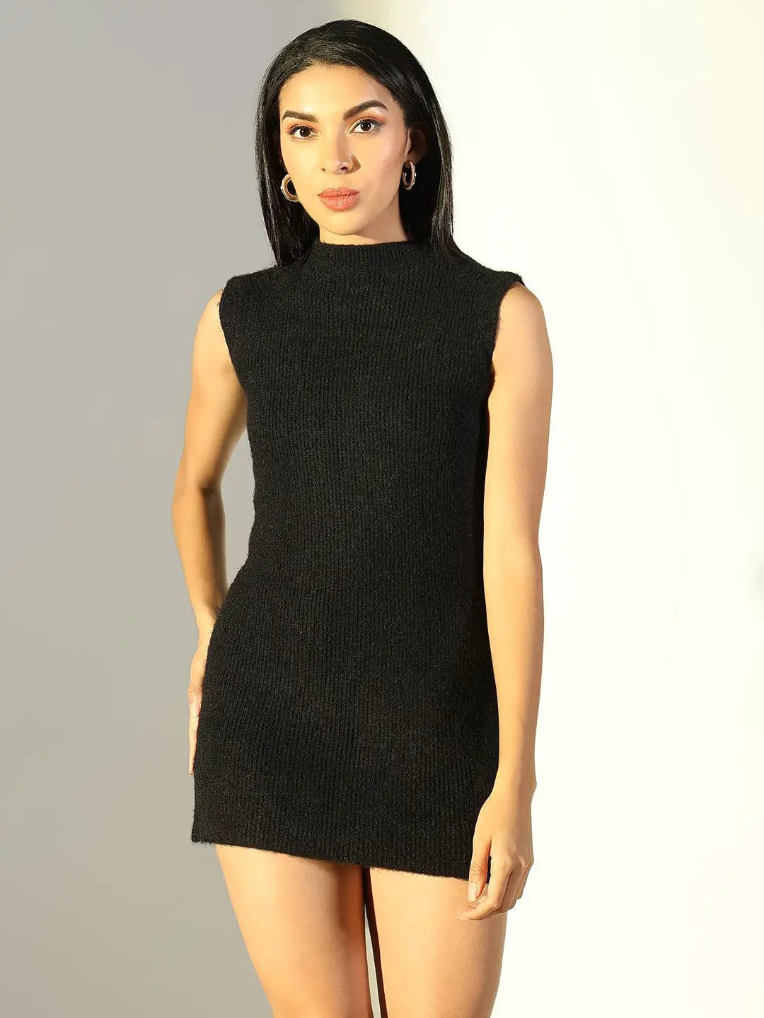 Women's Black Mock Neck Mini Jumper Dress