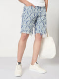 Men's Blue and Yellow Geometric Slim Fit Denim Shorts