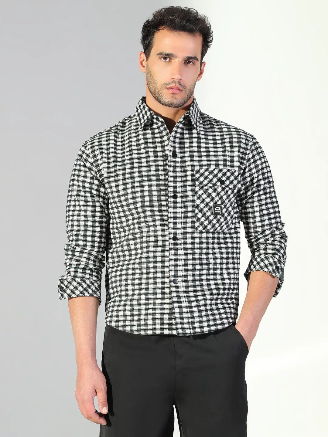 Men's Checked Black Shacket with Single Pocket