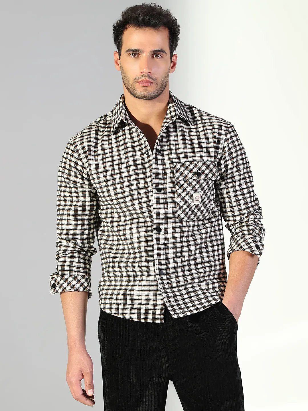 Men's Checked Brown Shacket with Single Pocket