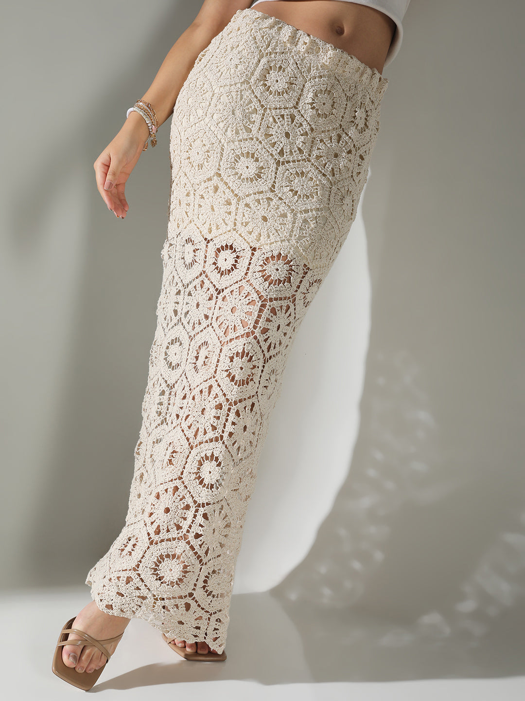 Women's Crochet Cream Maxi Skirt