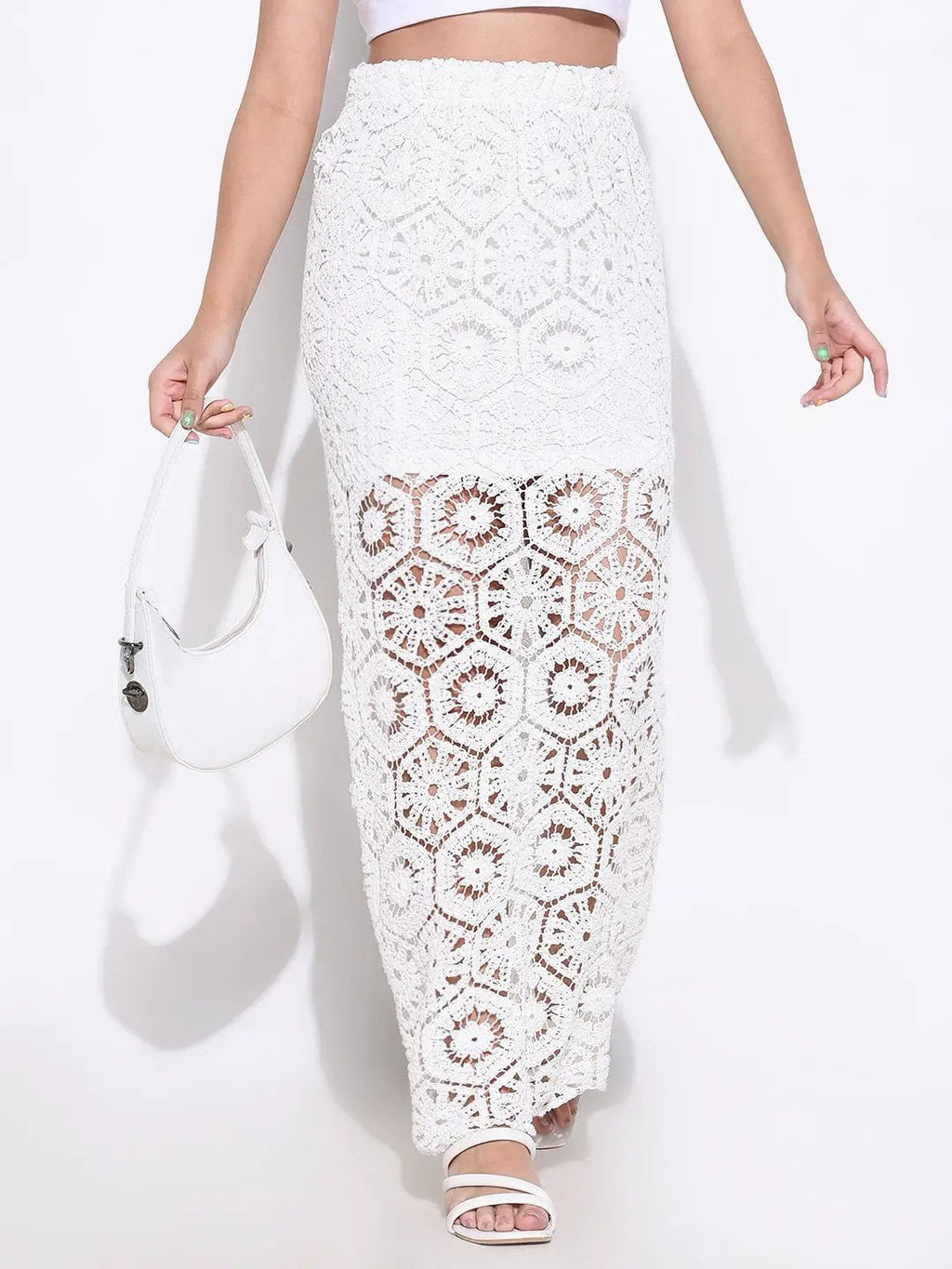 Women's Crochet White Maxi Skirt with Lining
