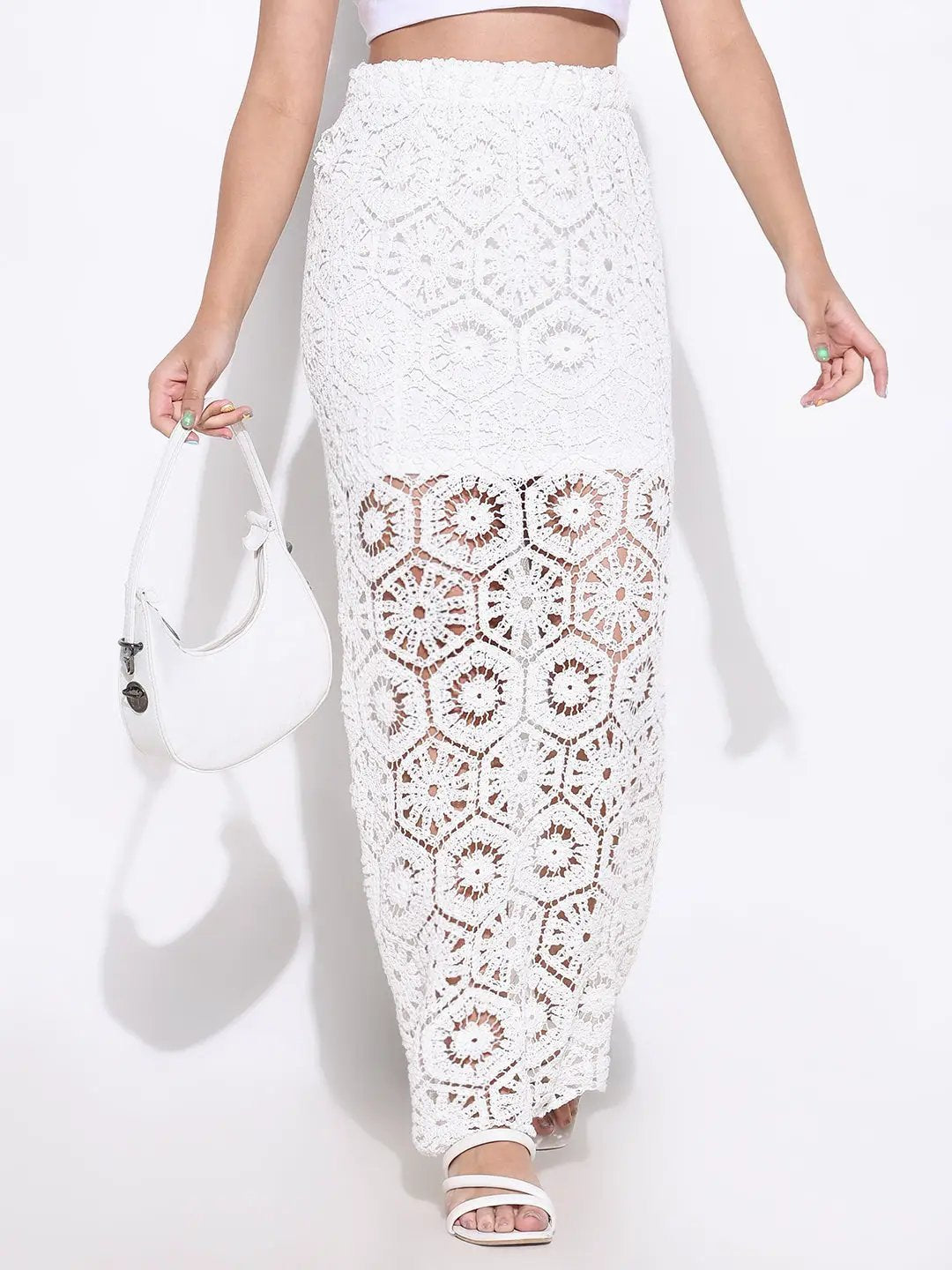 Women's Crochet White Maxi Skirt with Lining