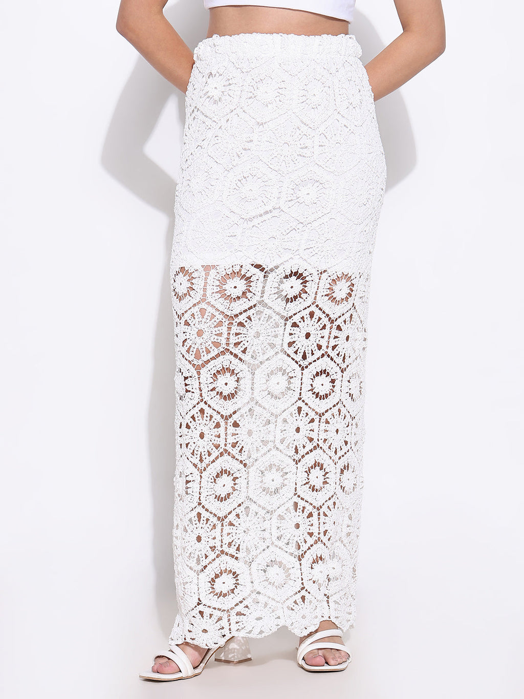 Women's Crochet White Maxi Skirt with Lining