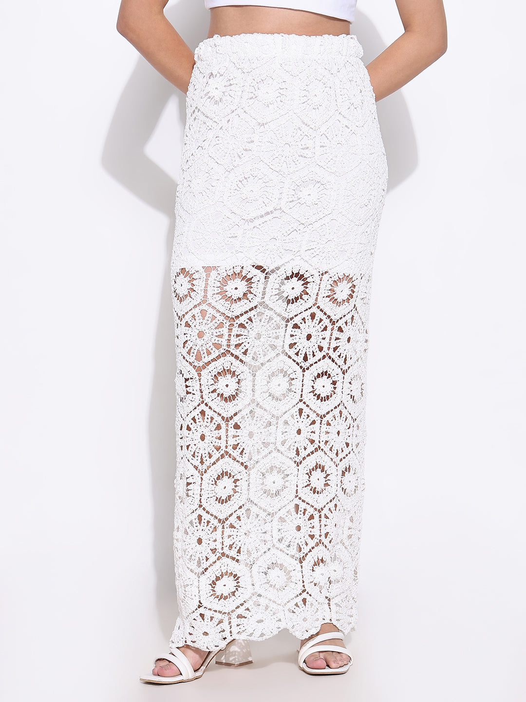 Women's Crochet White Maxi Skirt with Lining