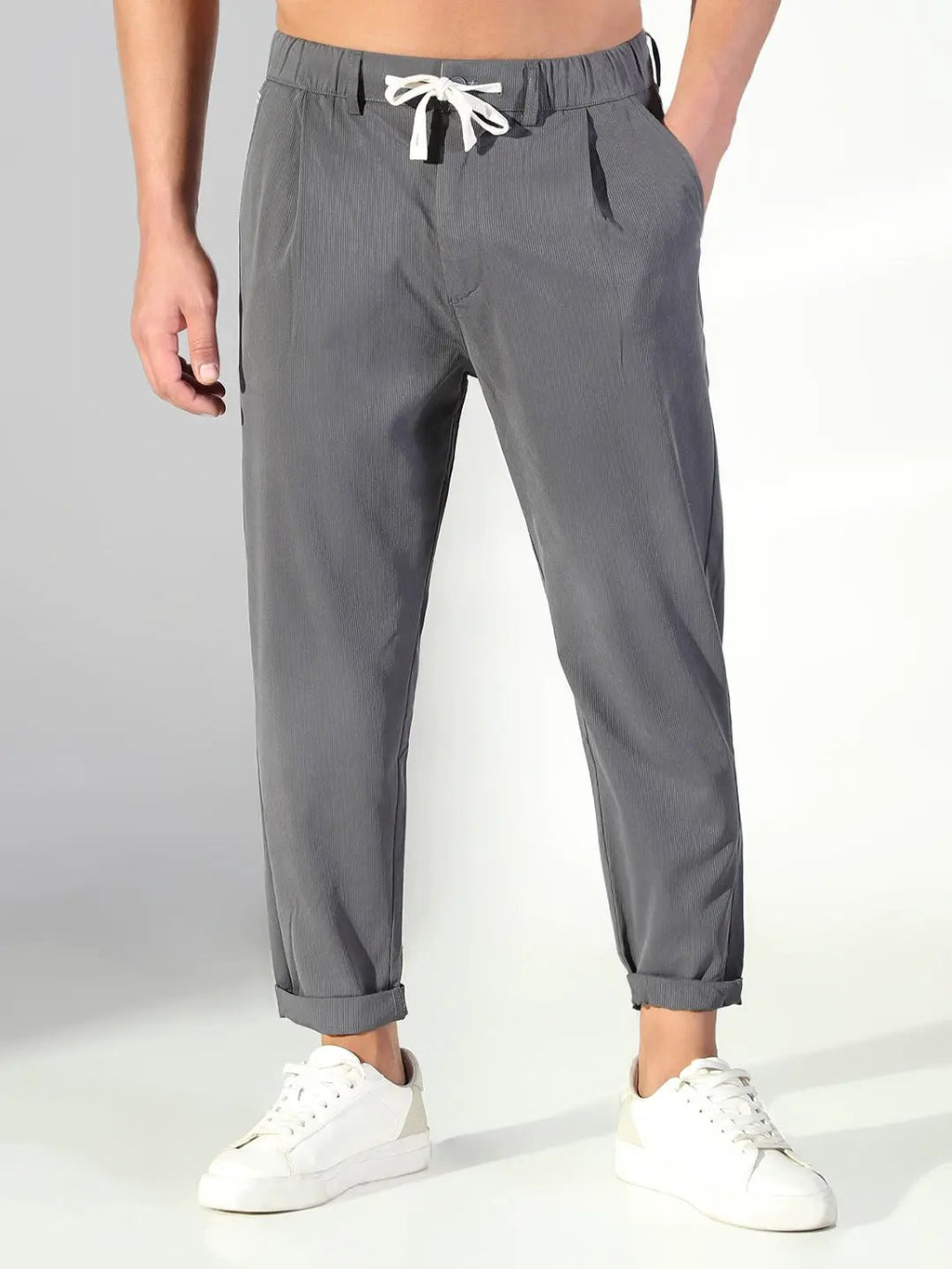 Men's Grey Solid Korean Trousers