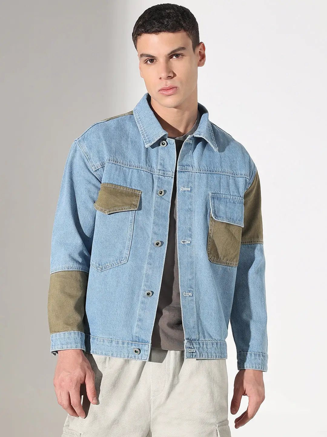 Men's Solid Blue Oversized Denim Jacket with Patchwork Detail
