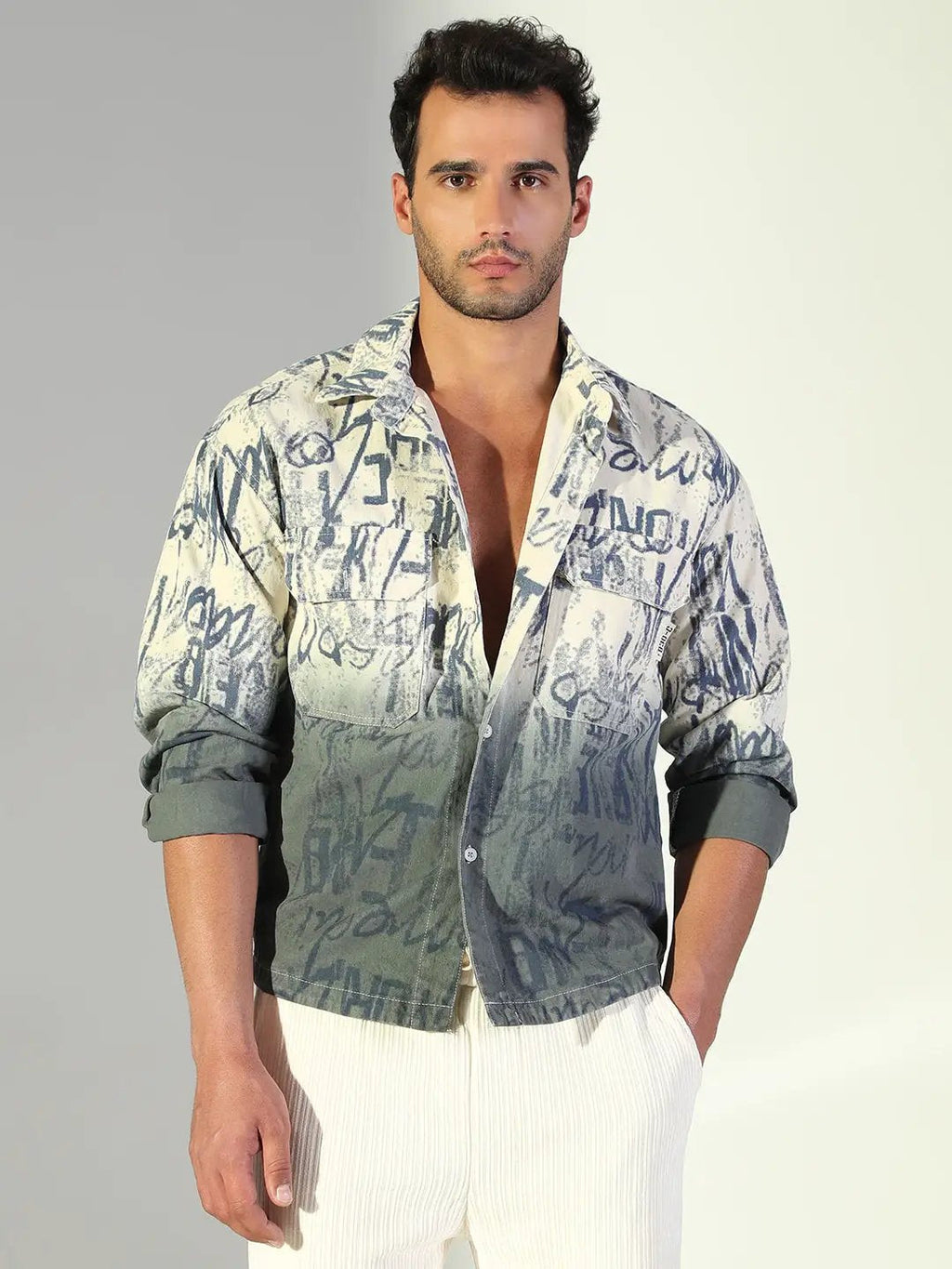 Men's Typography Ombre Cream Shacket
