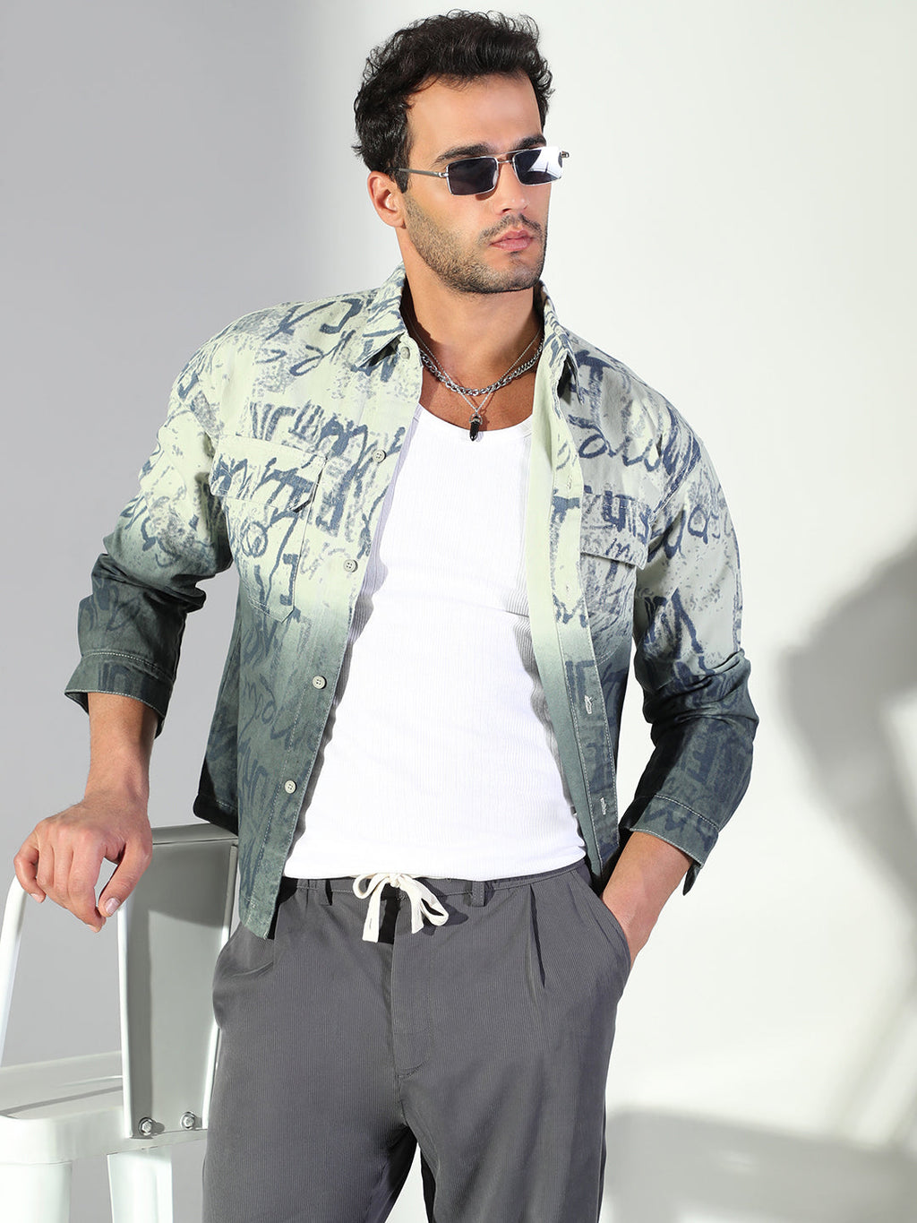 Men's Typography Ombre Green Shacket