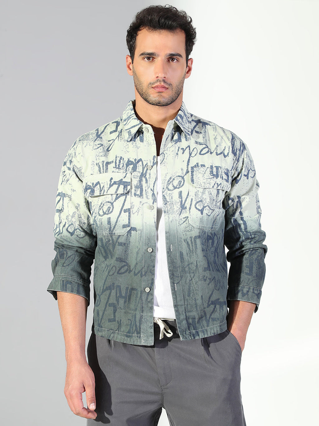 Men's Typography Ombre Green Shacket