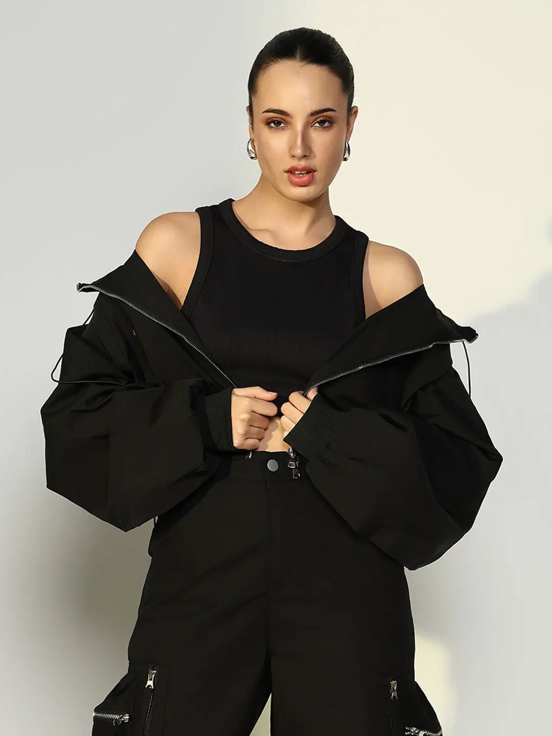 Women's Black Short Oversized Bomber Jacket with Zip Detail