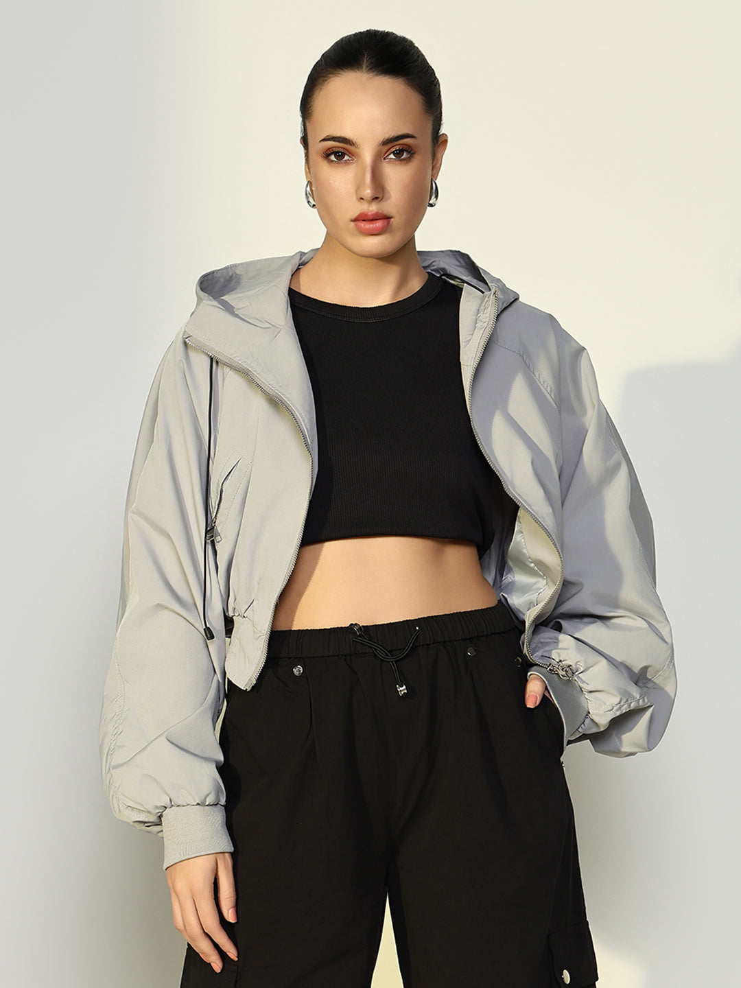 Women's Grey Oversized Bomber Jacket with Zip Detail