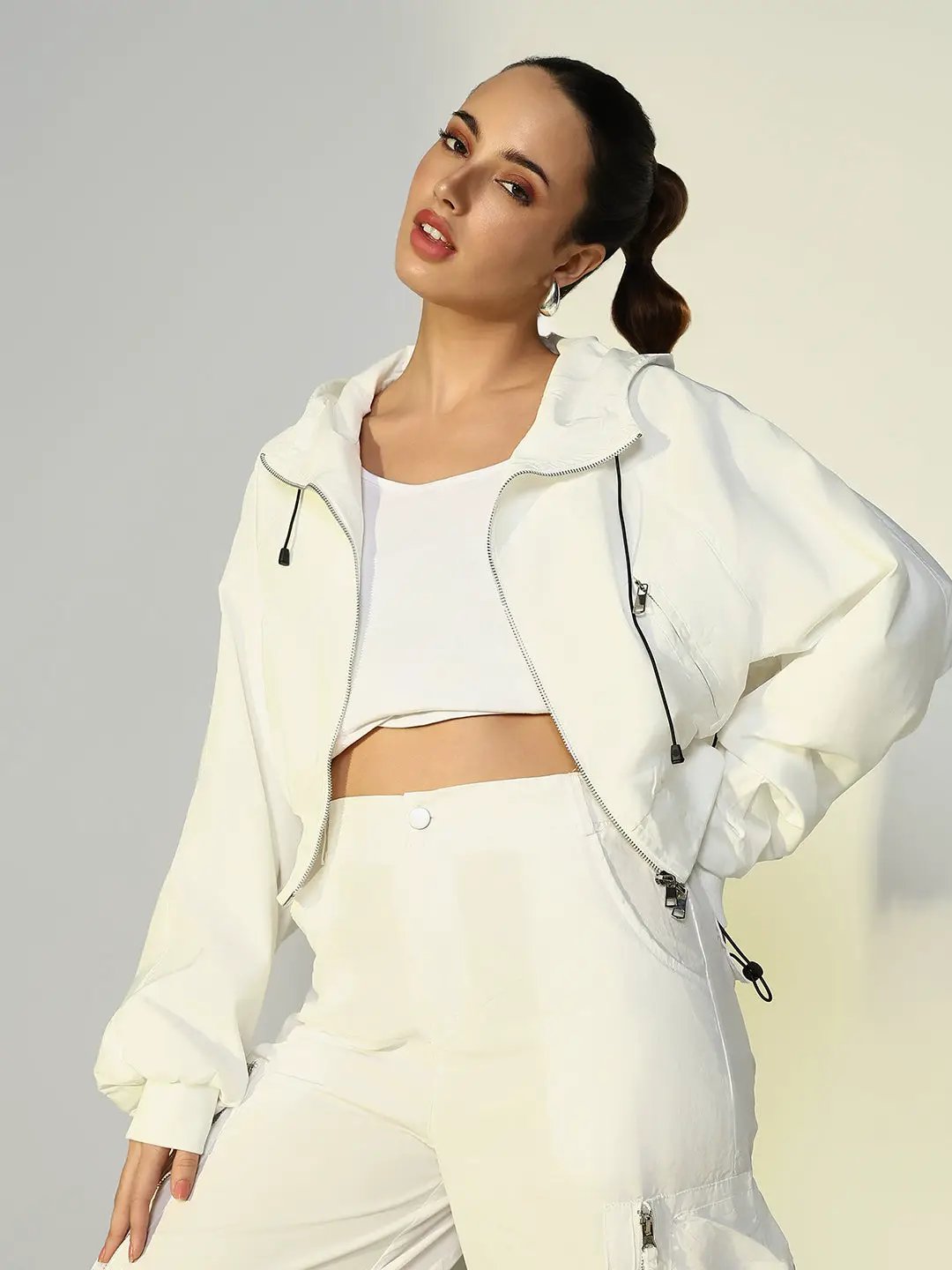 Women's White Short Oversized Bomber Jacket with Zip Detail