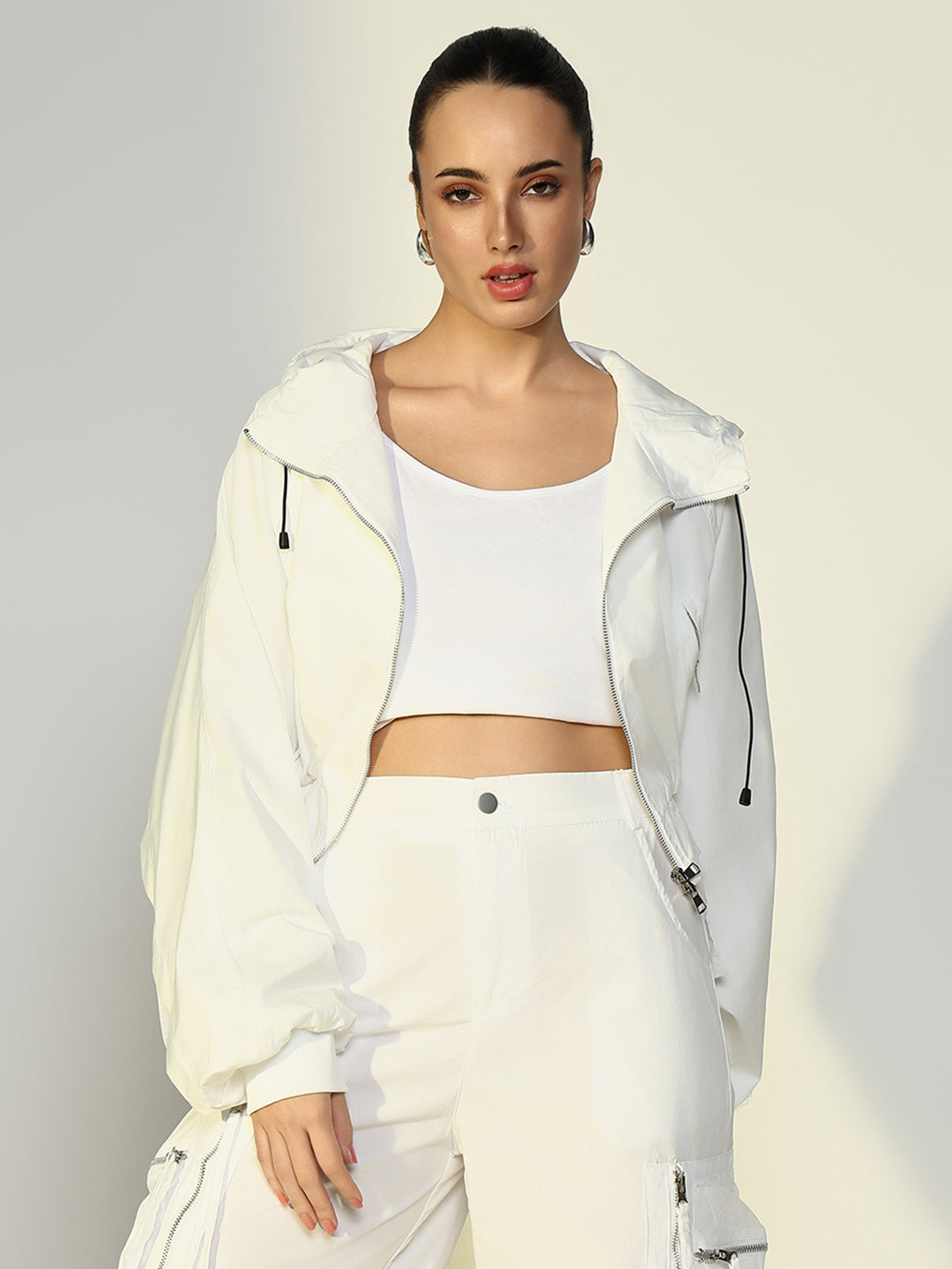 Women's White Short Oversized Bomber Jacket with Zip Detail