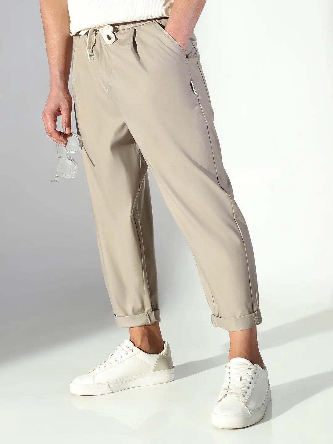 Men's Beige Solid Korean Trousers