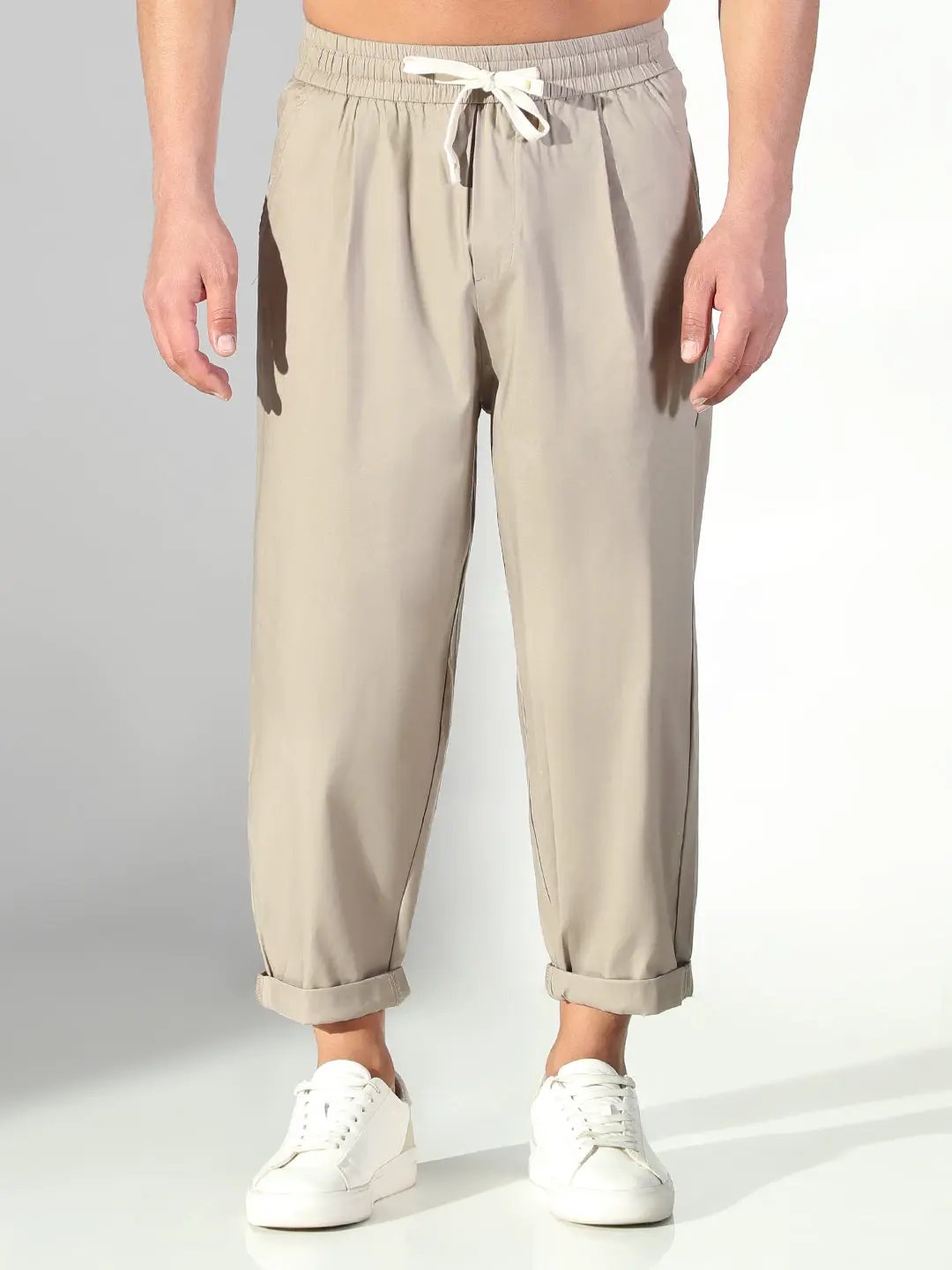 Men's Beige Solid Korean Trousers