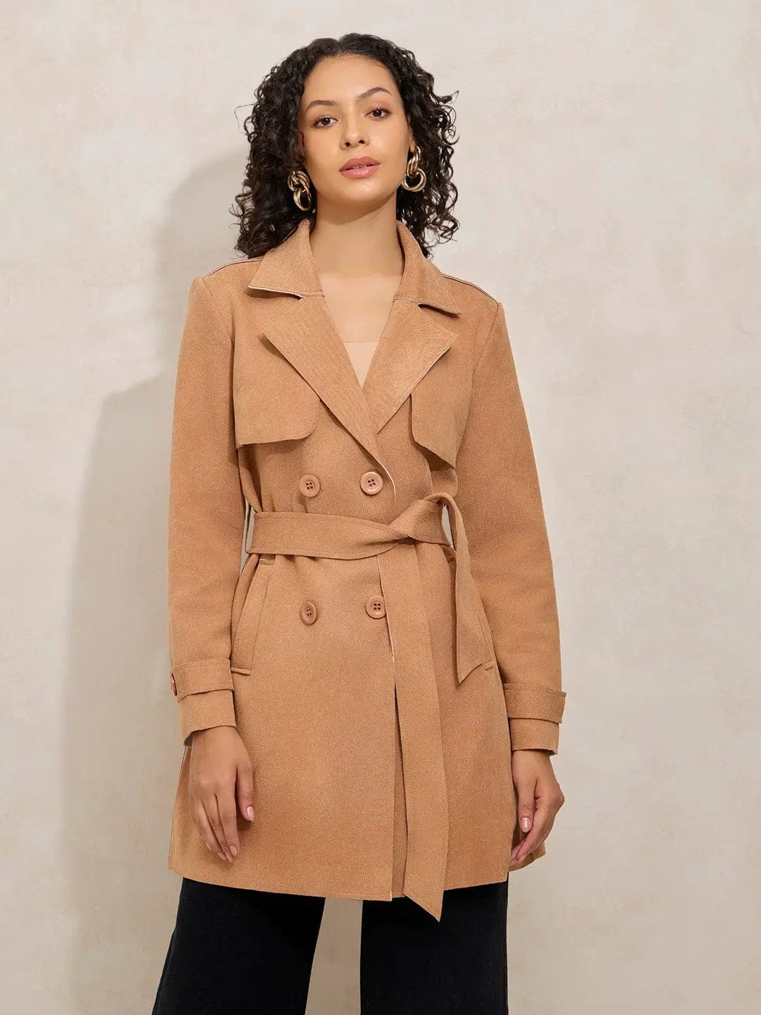 Women's Beige Trench Coat with Shoulder Flaps