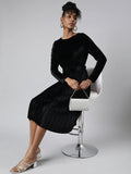 Women's Black Round Neck Long Sleeves Fit & Flare Midi Dress