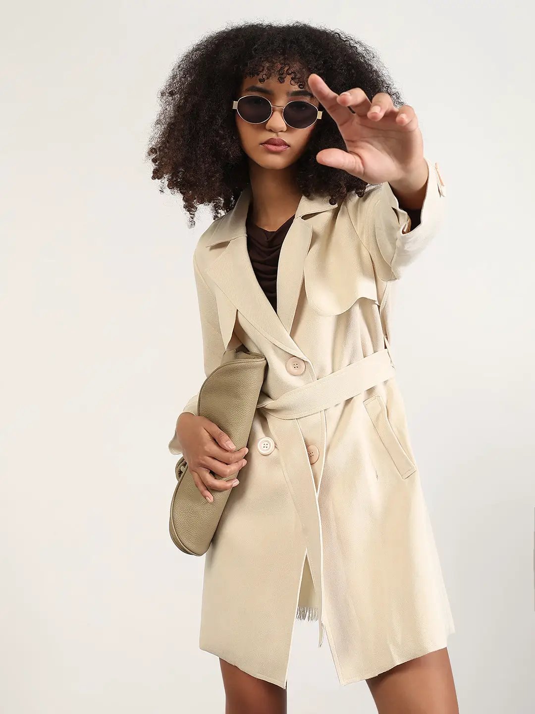 Women's Solid Cream Lapel Collar Longline Trench Coat with Fabric Belt