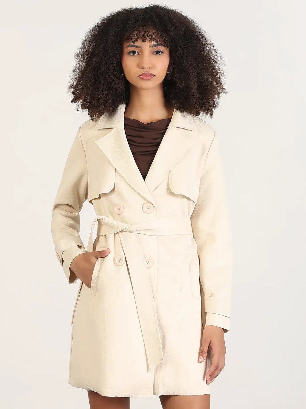 Women's Solid Cream Lapel Collar Longline Trench Coat with Fabric Belt