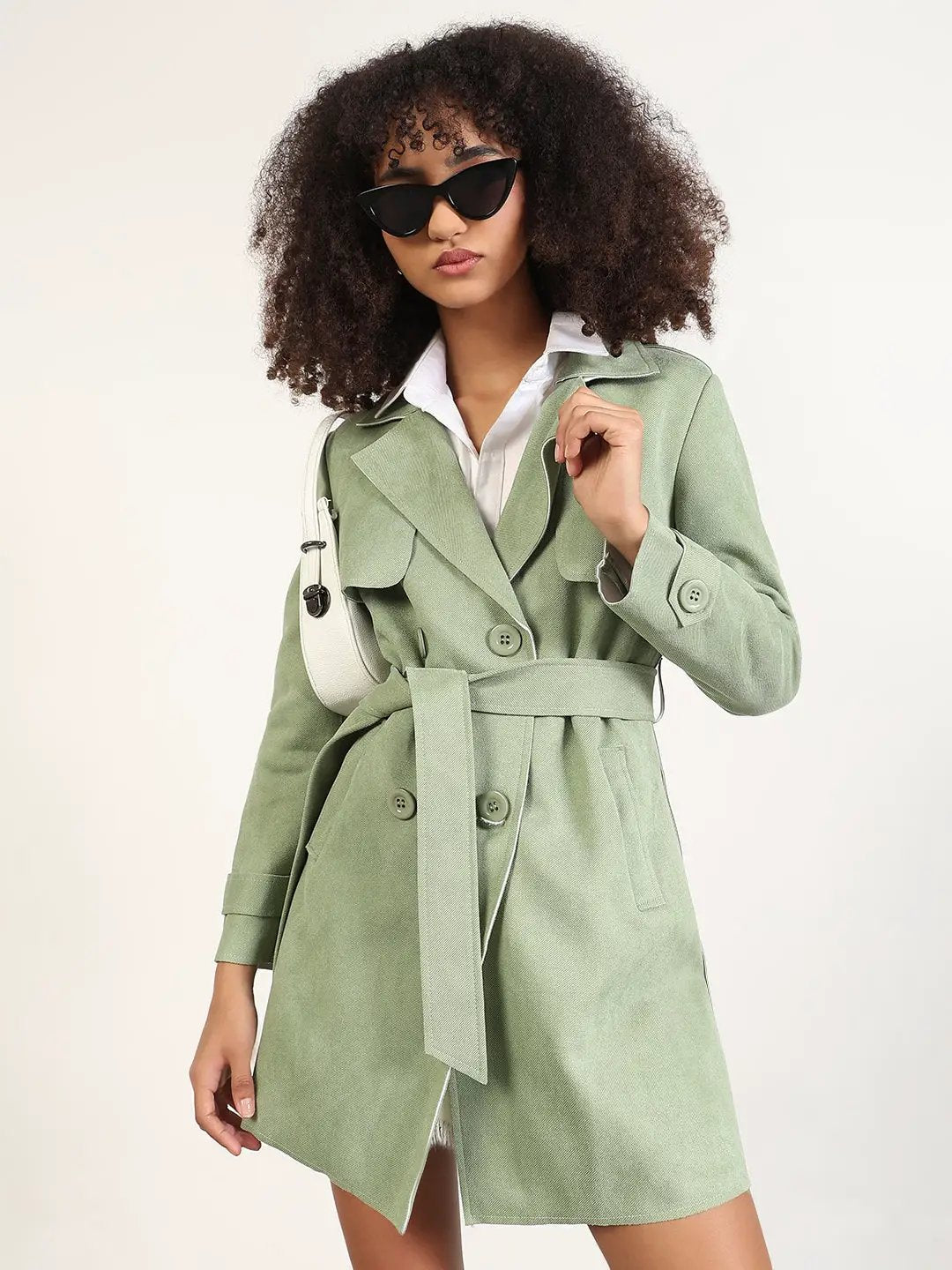 Women's Solid Green Lapel Collar Longline Trench Coat with Fabric Belt