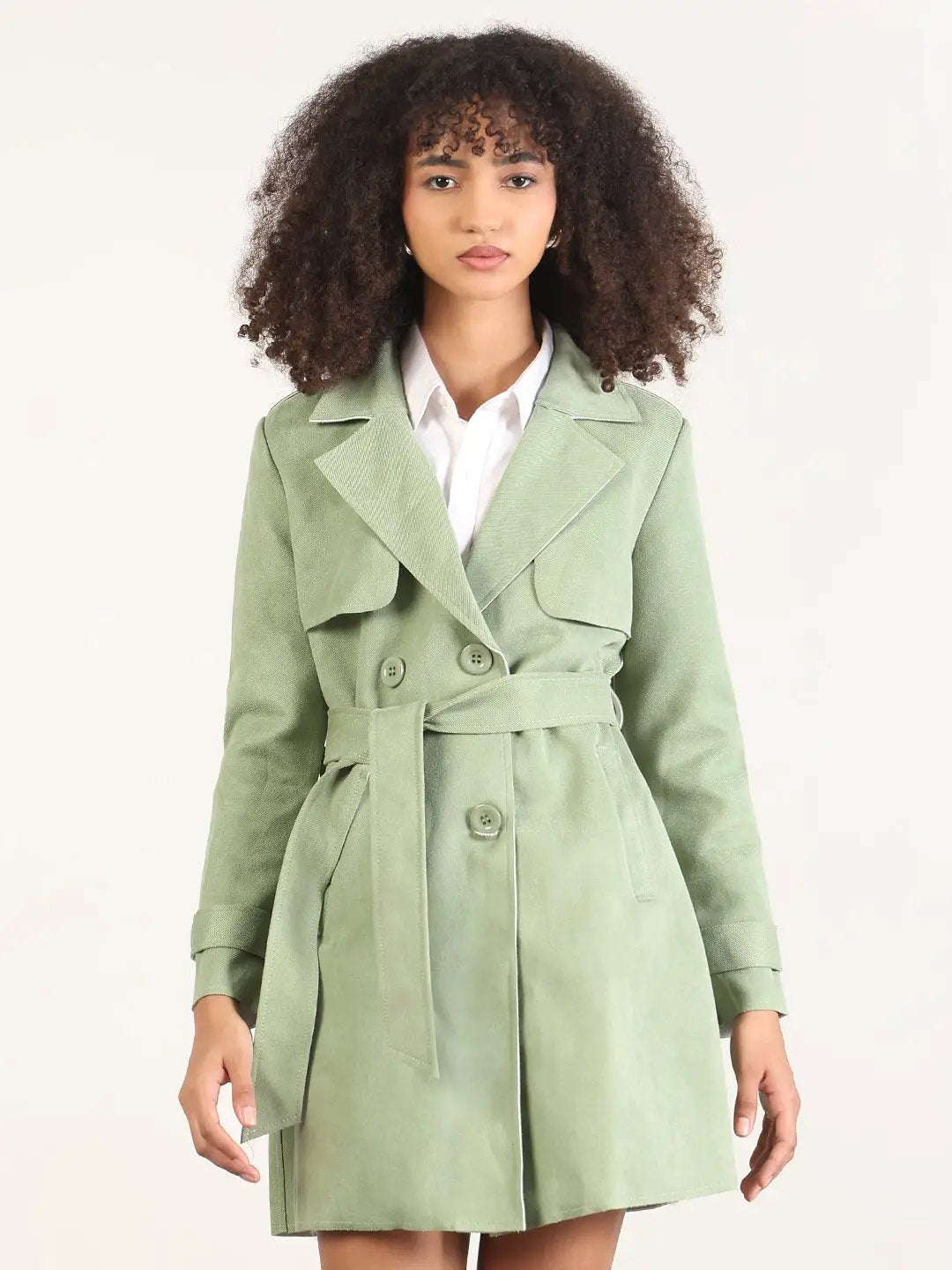 Women's Solid Green Lapel Collar Longline Trench Coat with Fabric Belt
