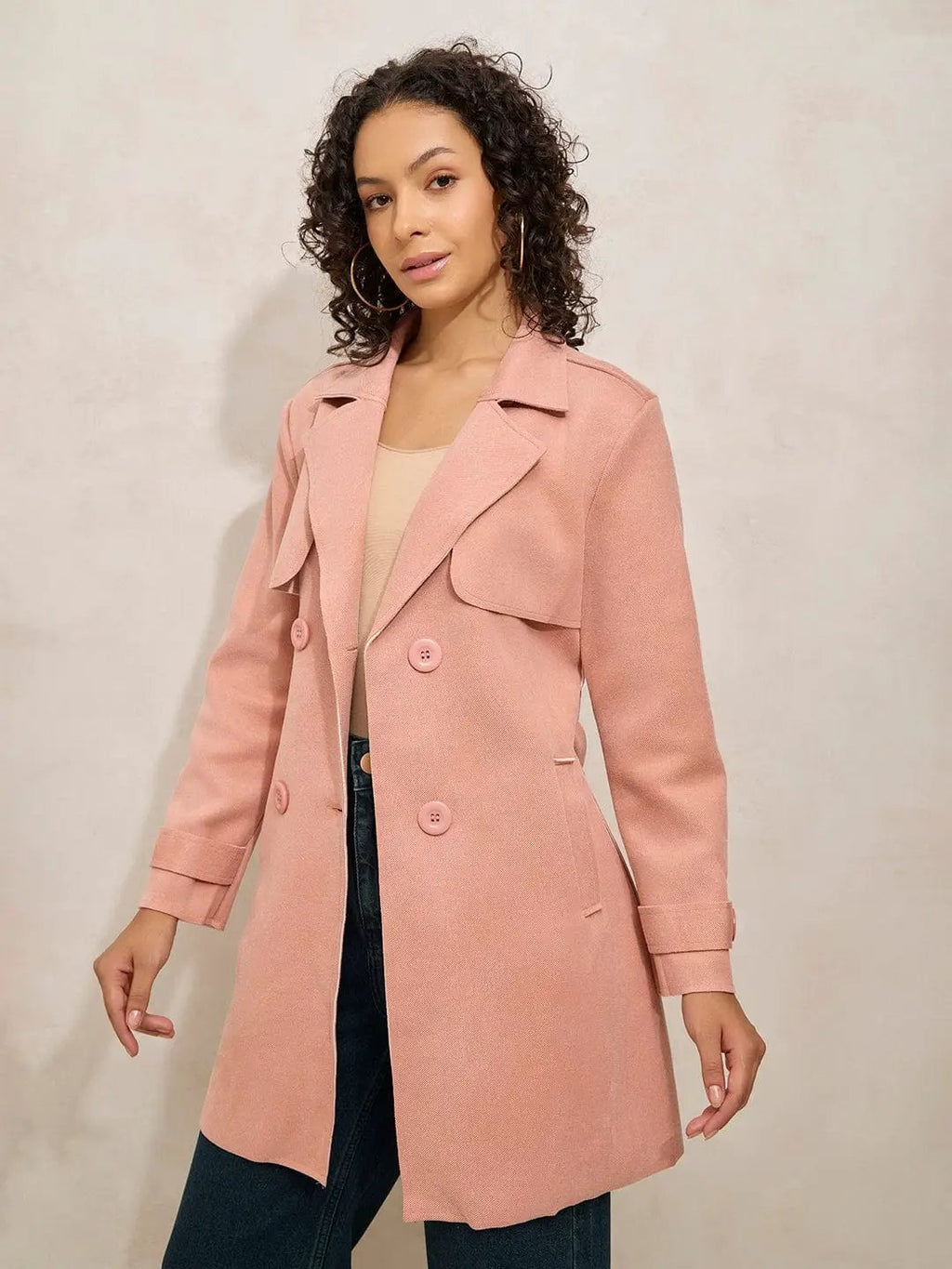 Women's Peach Trench Coat with Shoulder Flaps