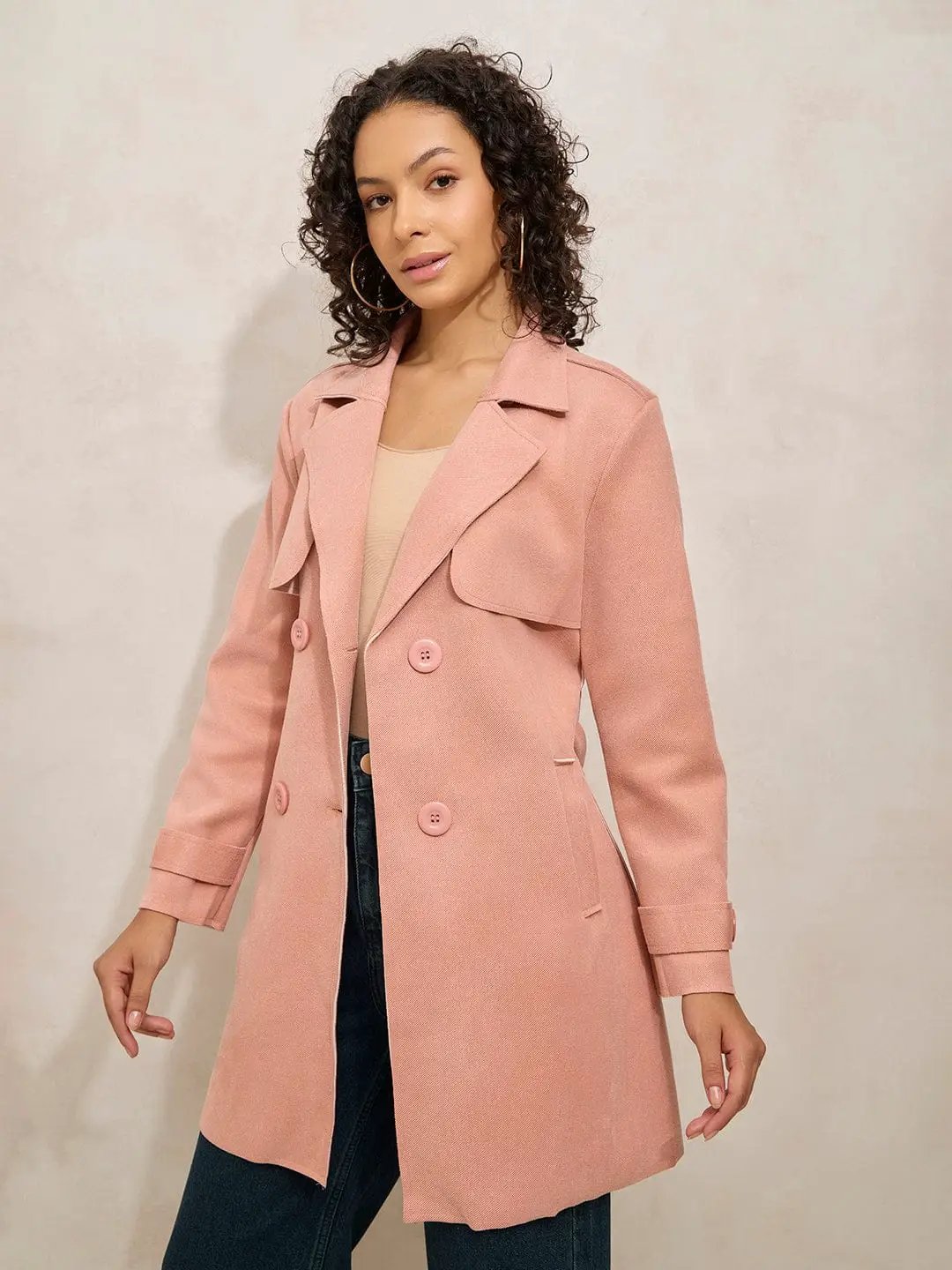 Women's Peach Trench Coat with Shoulder Flaps