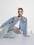 Women's Embellished Blue Spread Collar Relaxed Fit Crop Denim Jacket