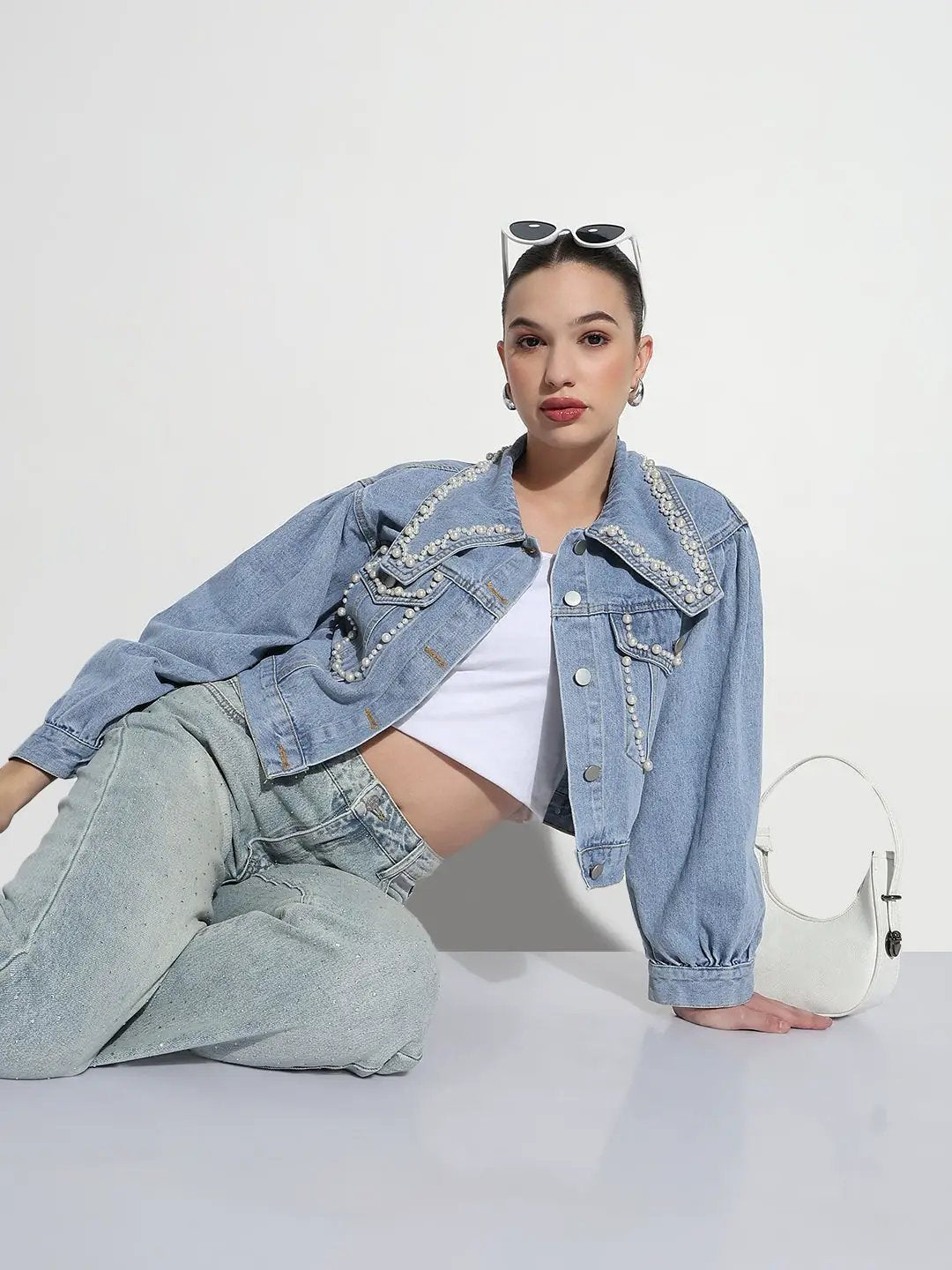 Women's Embellished Blue Spread Collar Relaxed Fit Crop Denim Jacket