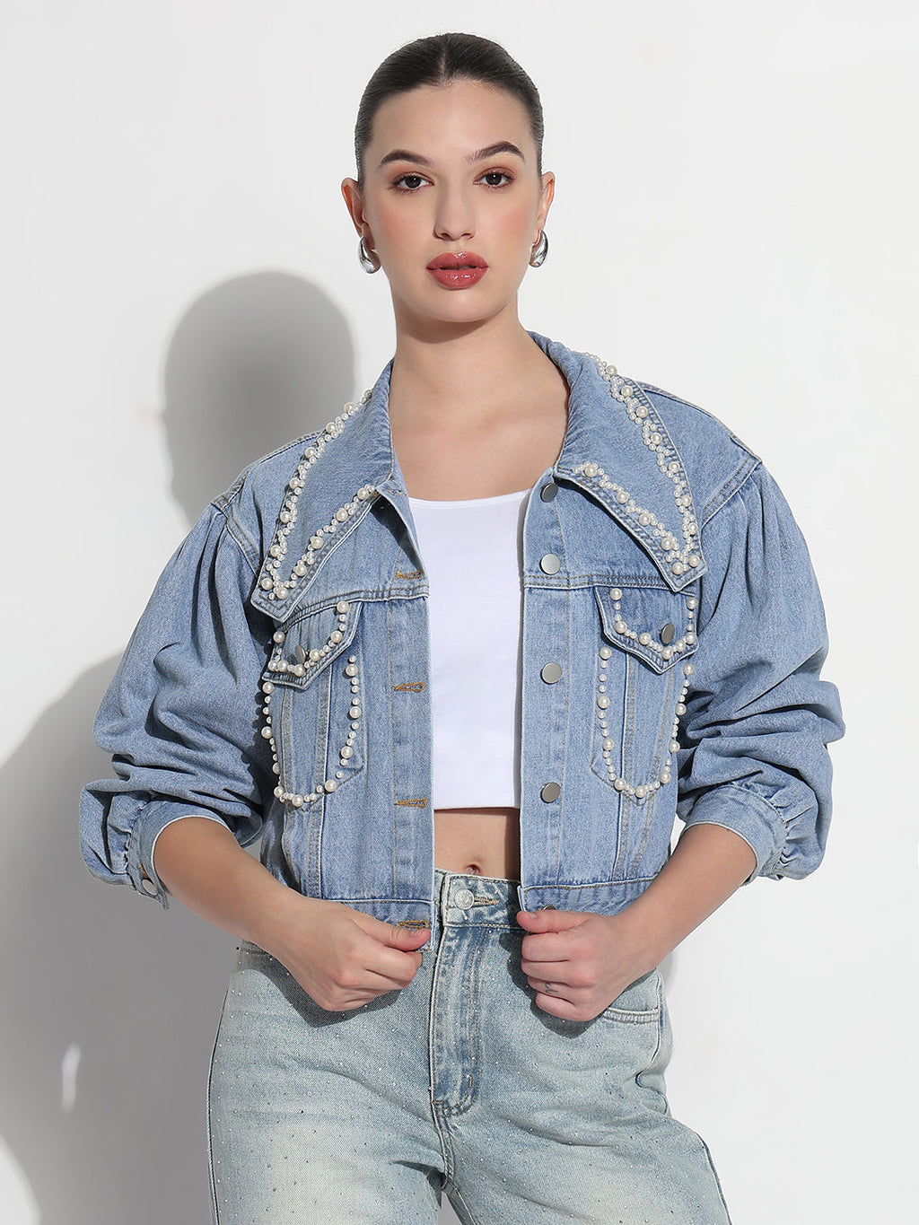 Women's Embellished Blue Spread Collar Relaxed Fit Crop Denim Jacket