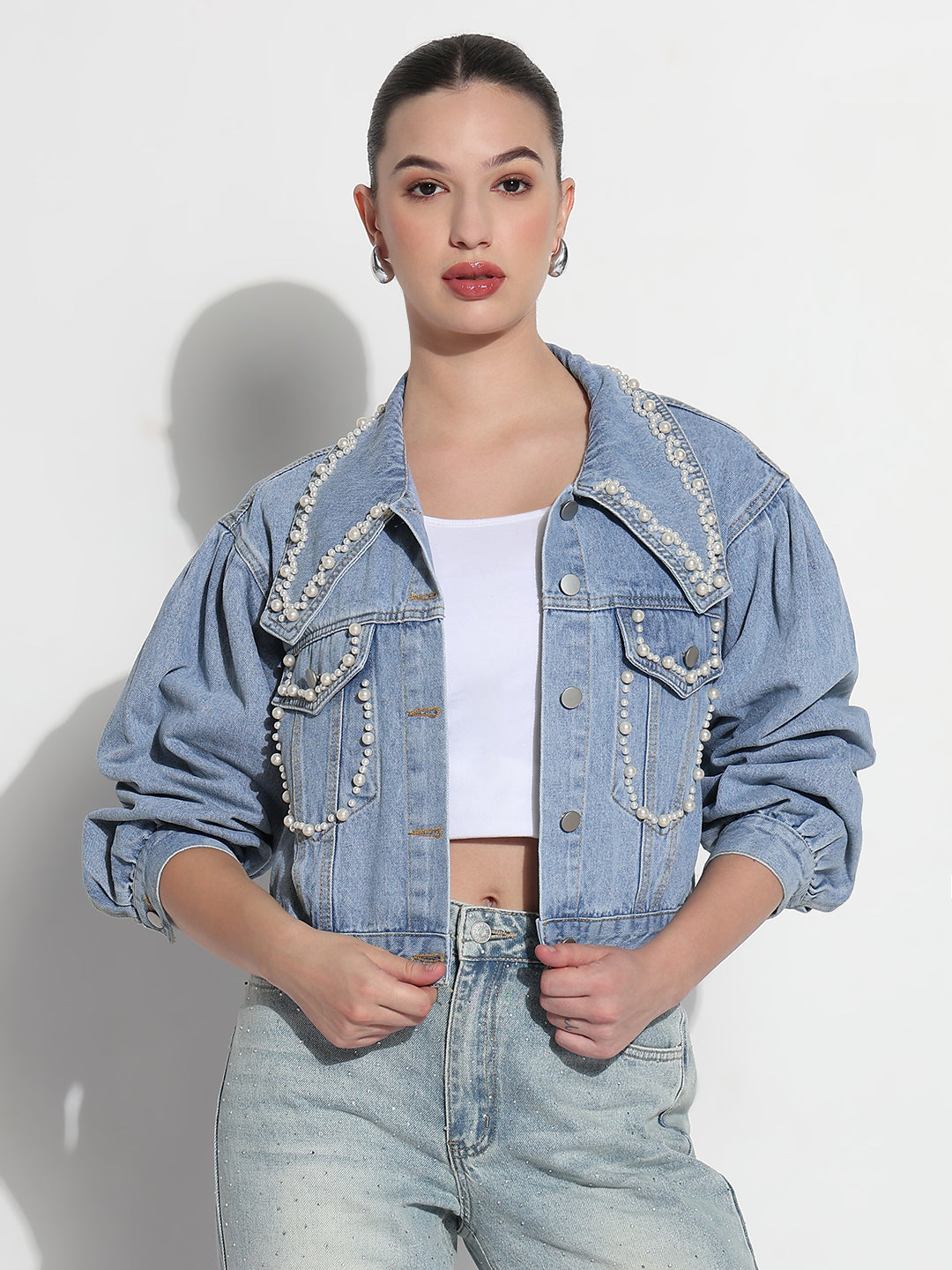Women's Embellished Blue Spread Collar Relaxed Fit Crop Denim Jacket