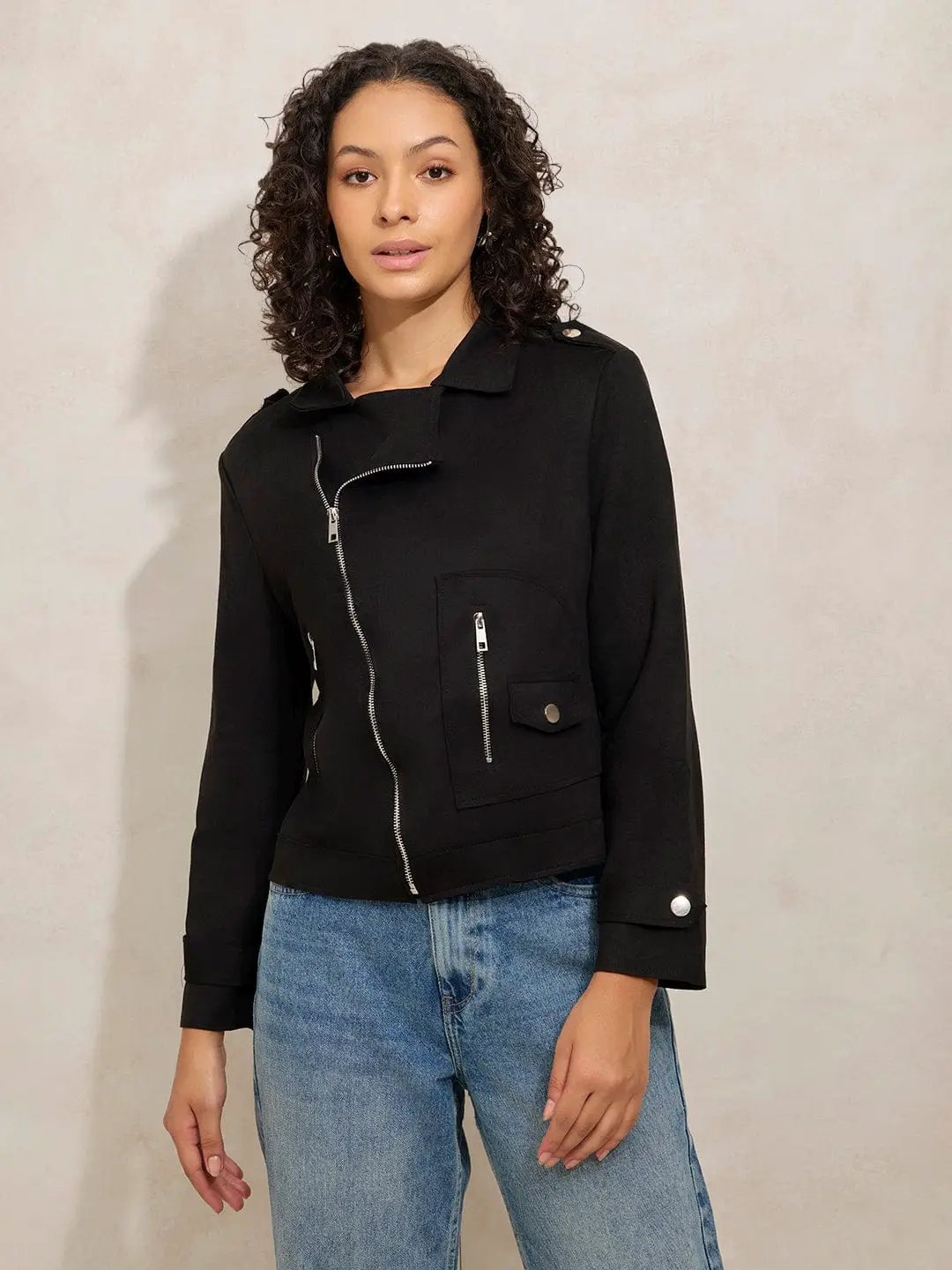 Women's Black Asymmetric Zipper Short Jacket