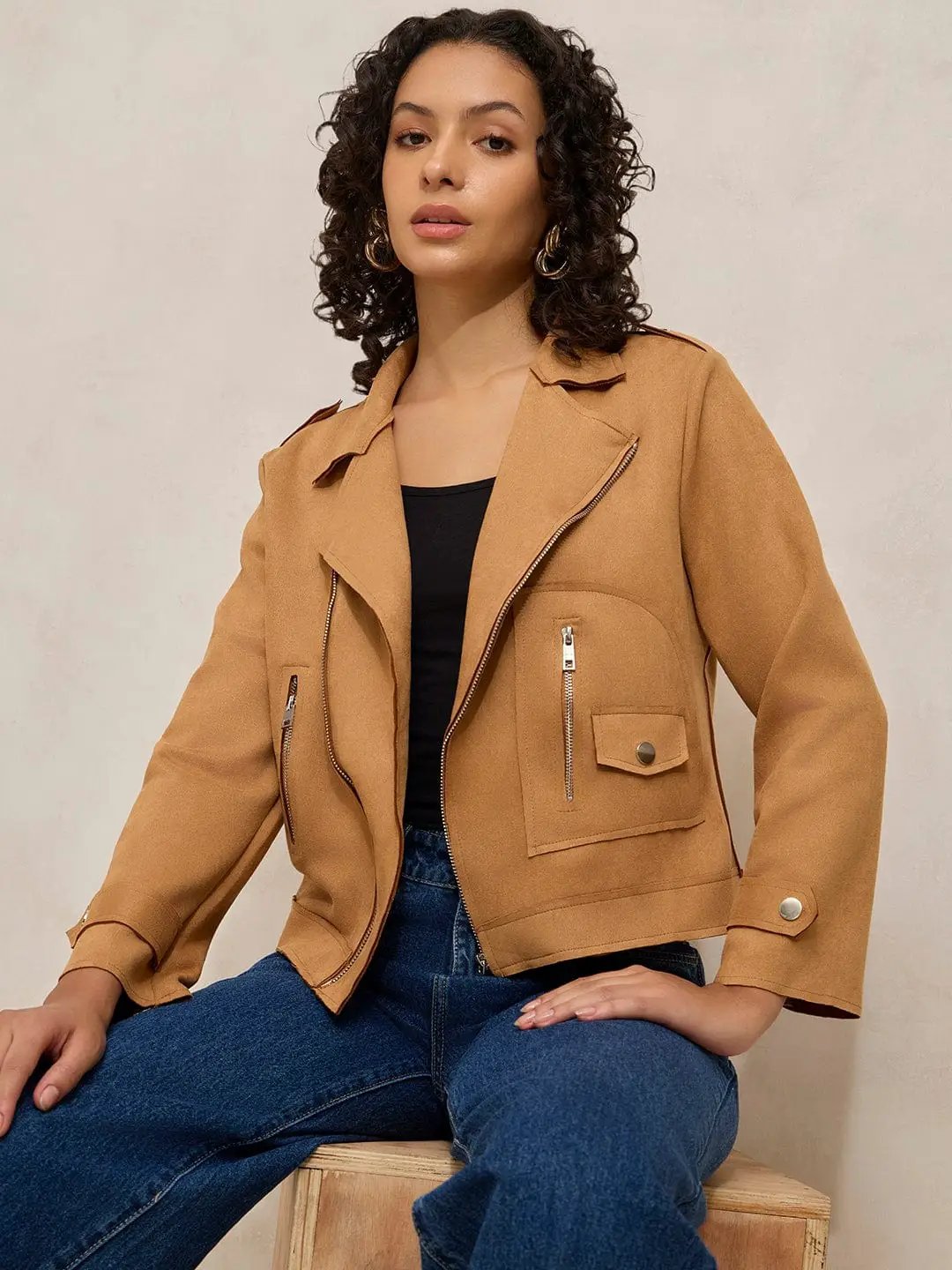 Women's Brown Asymmetric Zipper Short Jacket