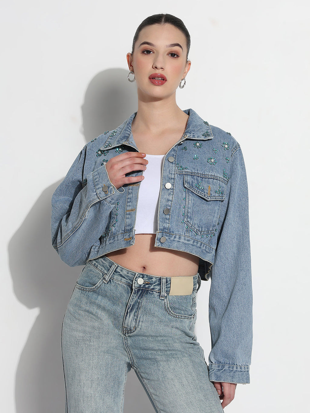 Women's Embellished Blue Spread Collar Relaxed Fit Crop Denim Jacket