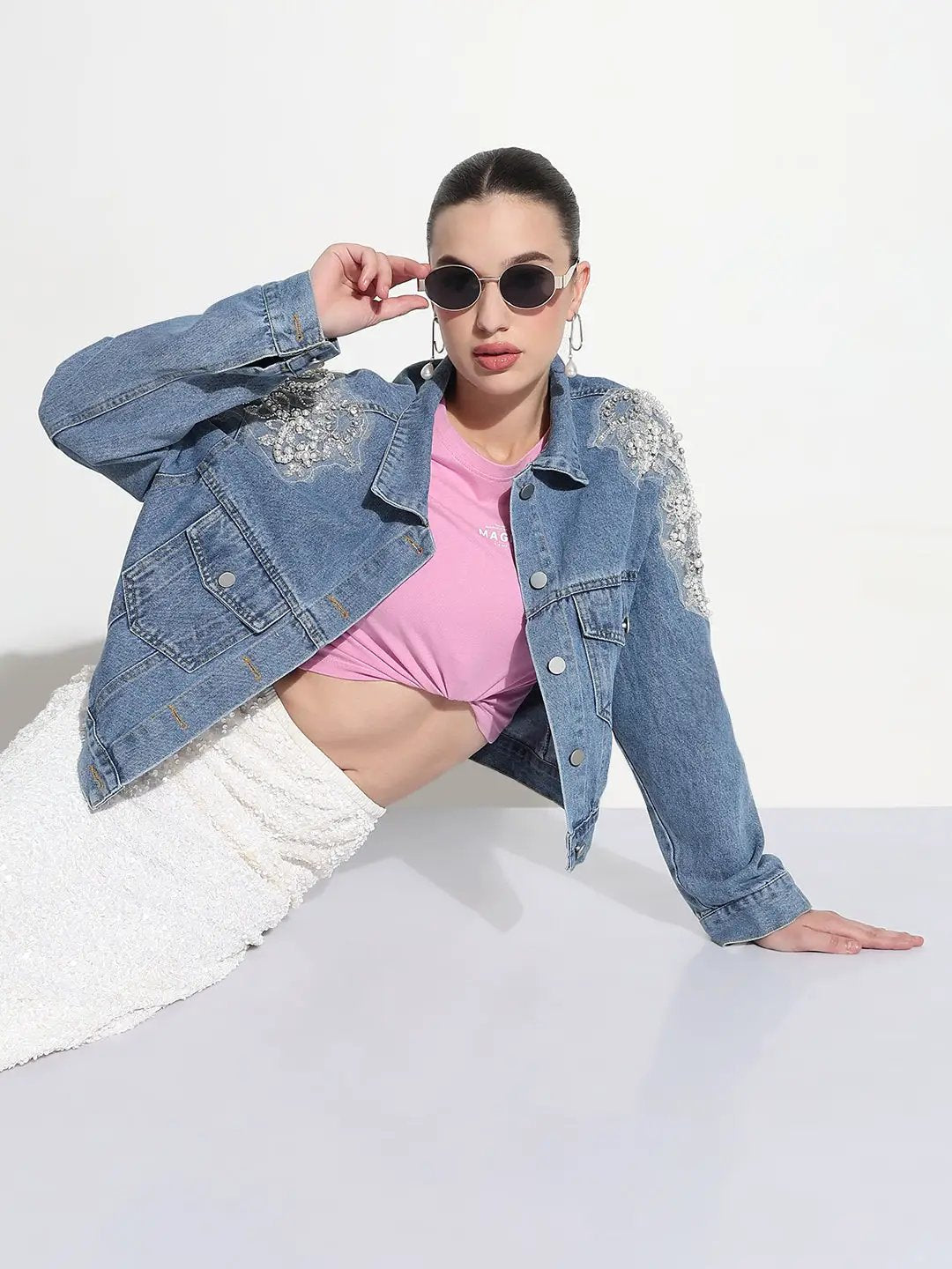 Women's Blue Spread Collar Relaxed Fit Denim Jacket with Shoulder Embellishments