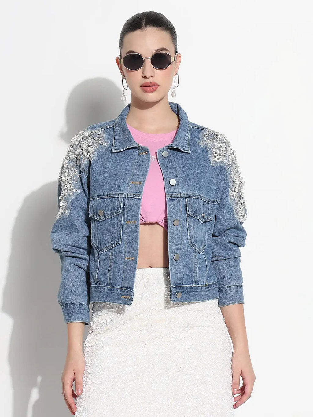 Women's Blue Spread Collar Relaxed Fit Denim Jacket with Shoulder Embellishments