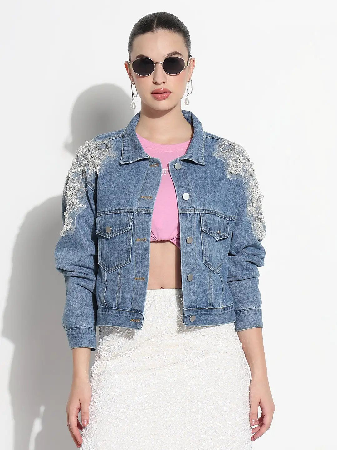 Women's Blue Spread Collar Relaxed Fit Denim Jacket with Shoulder Embellishments