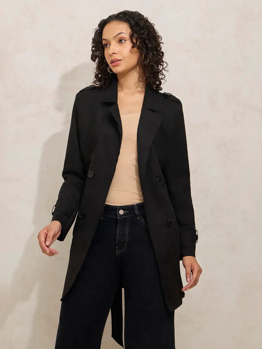 Women's Black Double Breasted Trench Coat with Belt