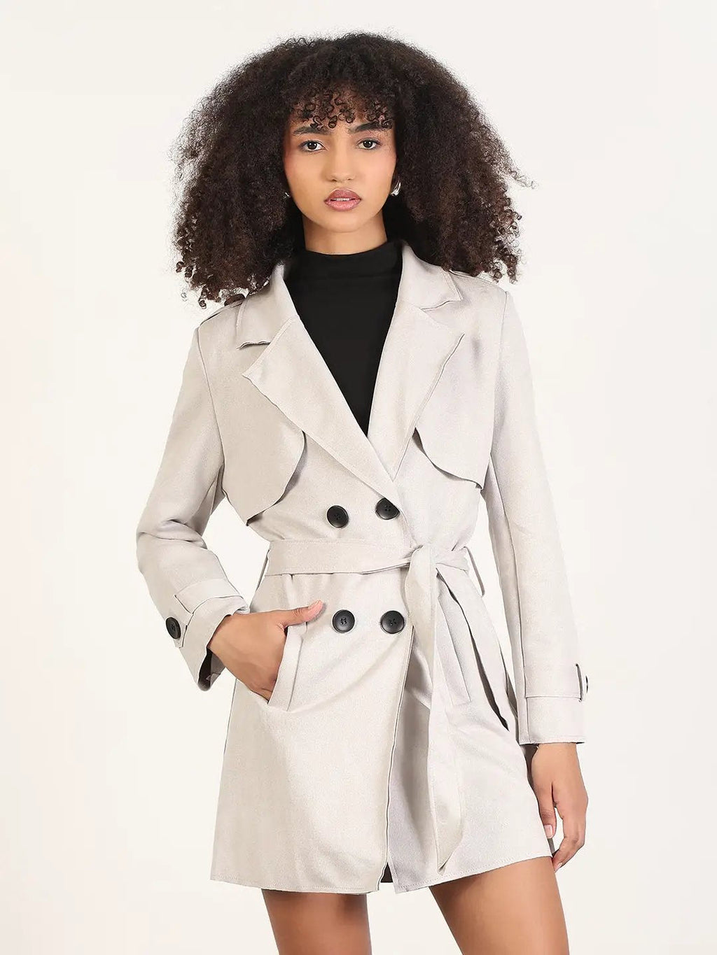 Women's Solid Grey Spread Collar Trench Coat with Fabric Belt