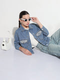 Women's Embellished Blue Spread Collar Relaxed Fit Denim Jacket
