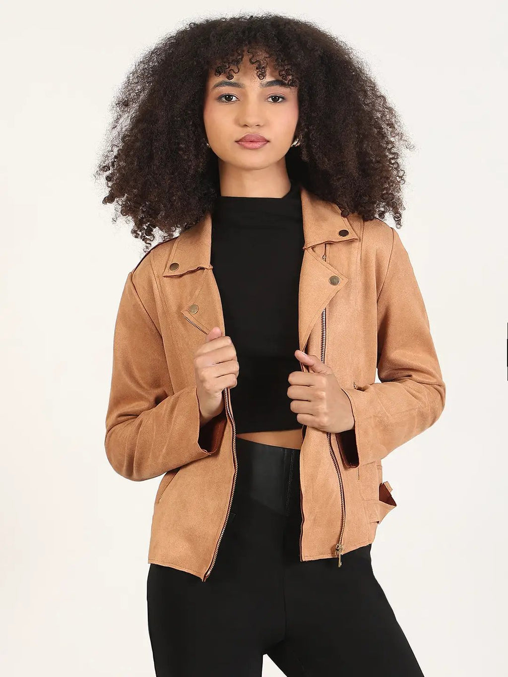 Women's Solid Brown Lapel Collar Jacket