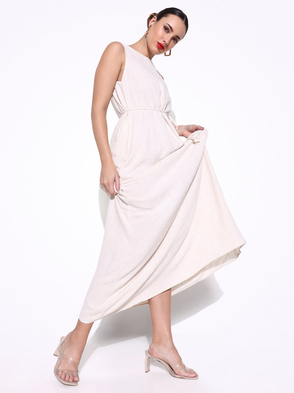 Women's Solid Cream Linen Maxi Dress with Waist Tie