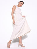 Women's Solid Cream Linen Maxi Dress with Waist Tie