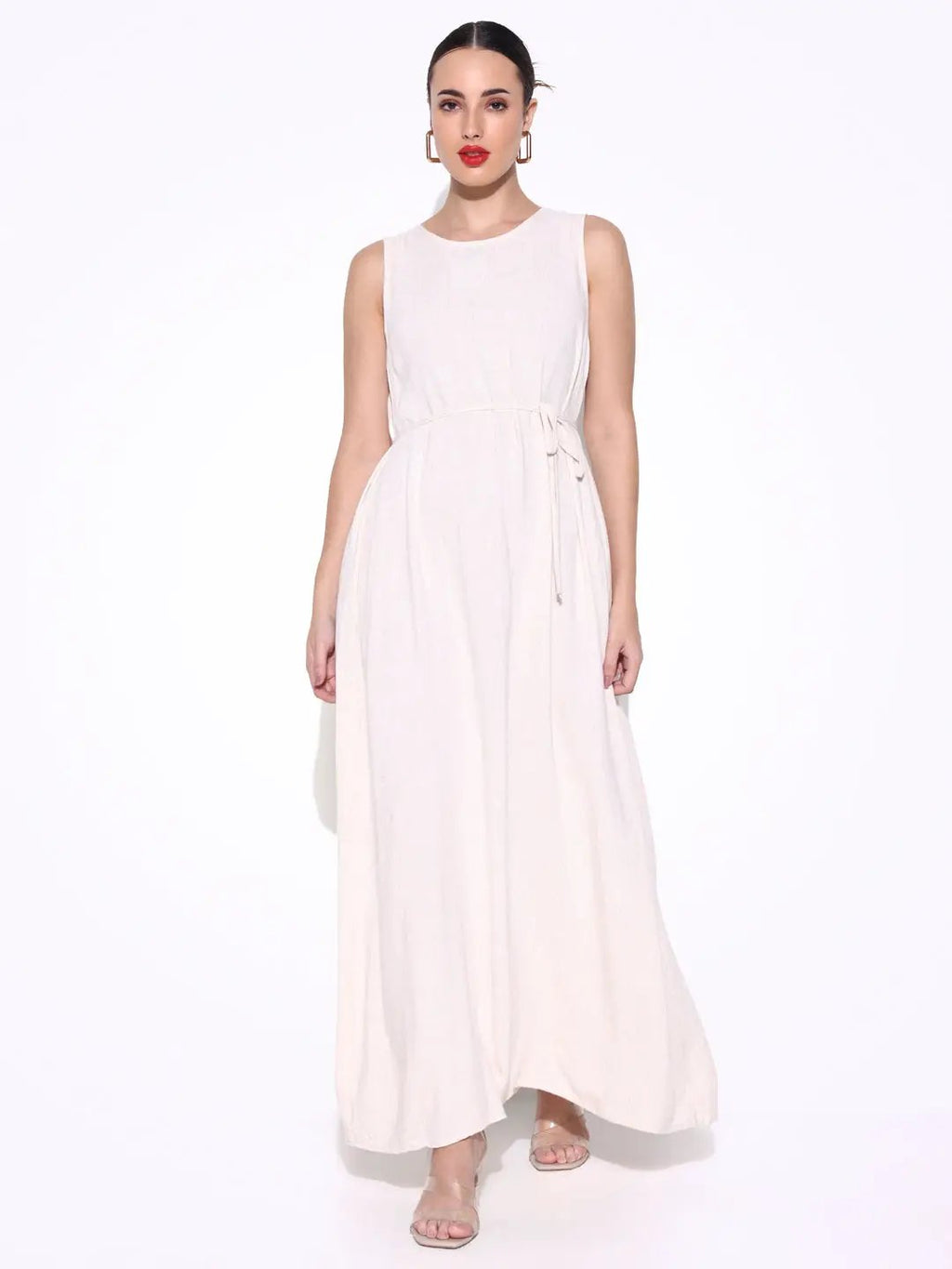 Women's Solid Cream Linen Maxi Dress with Waist Tie