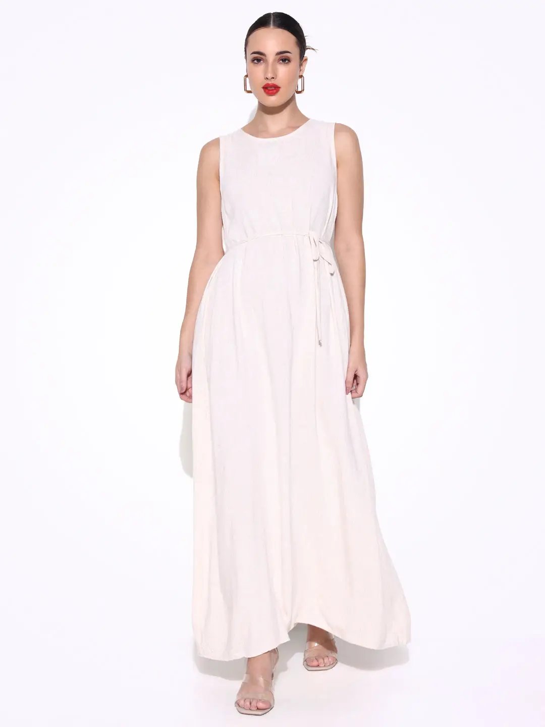 Women's Solid Cream Linen Maxi Dress with Waist Tie