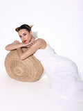 Women's Solid Off White Linen Maxi Dress with Waist Tie